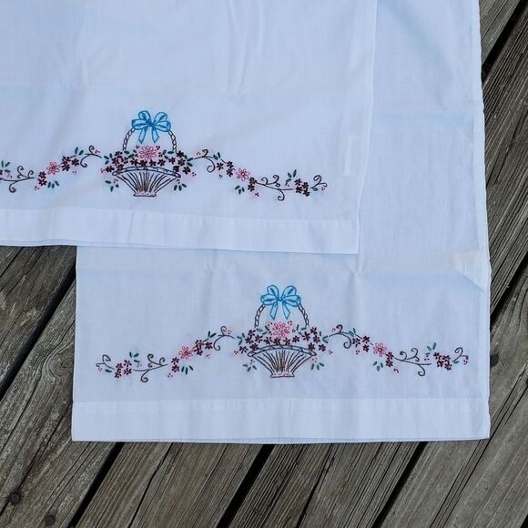 Hand Embroidered Pillowcases Standard Set Pair Floral Ribbons Basket - Picture 1 of 5